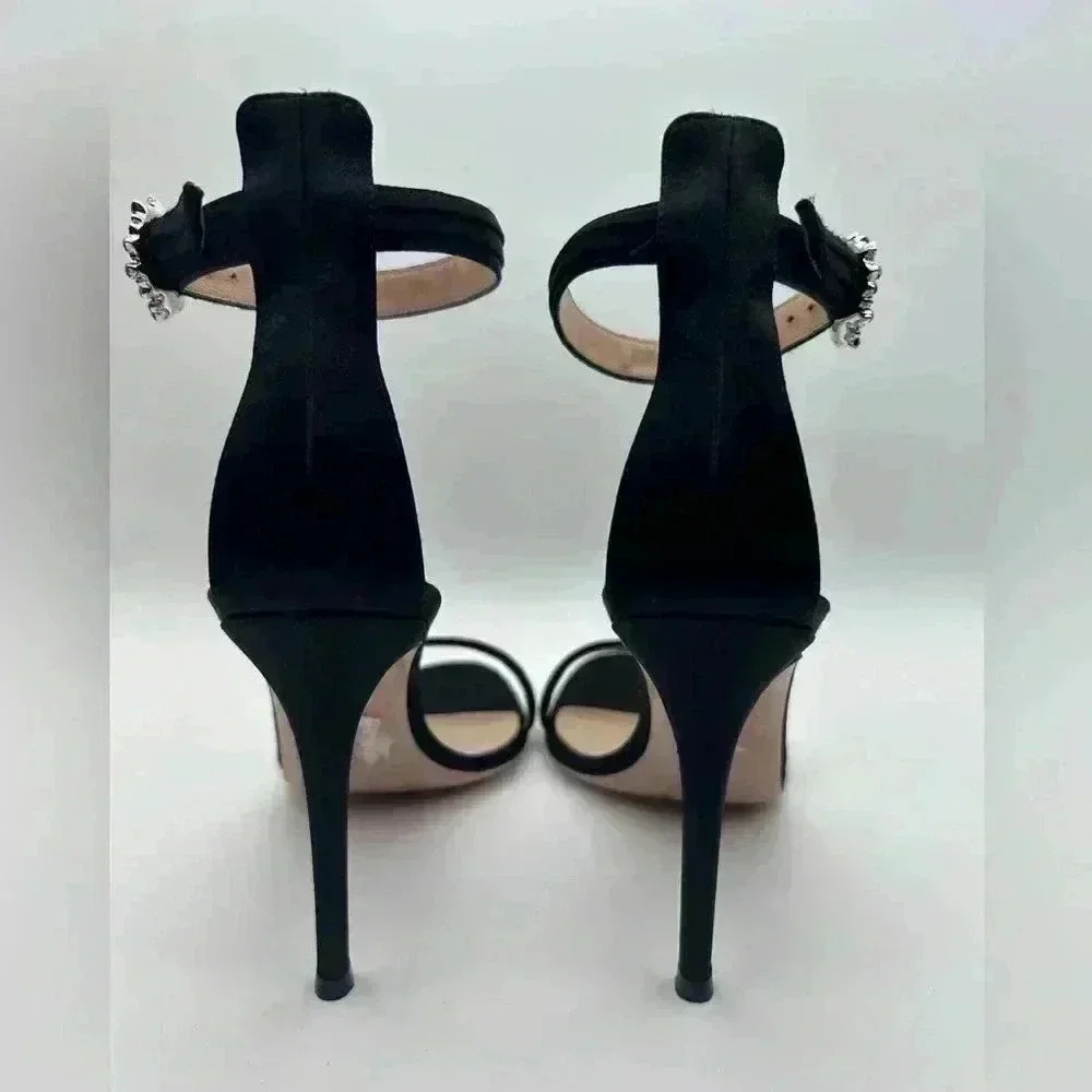 GIANVITO ROSSI Ava Crystal Embellished Satin Sandals Heels Black Size 37 - Picture 9 of 14